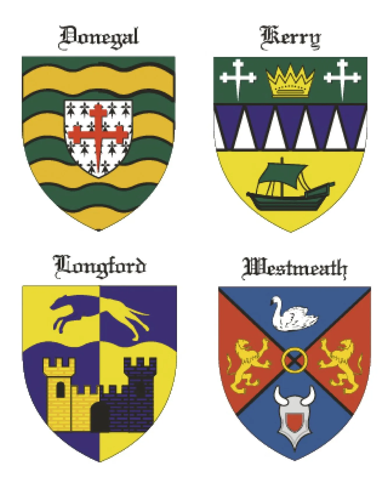 Los cuatro escudos de los Houses: Donegal, Kerry, Longford y Westmeath