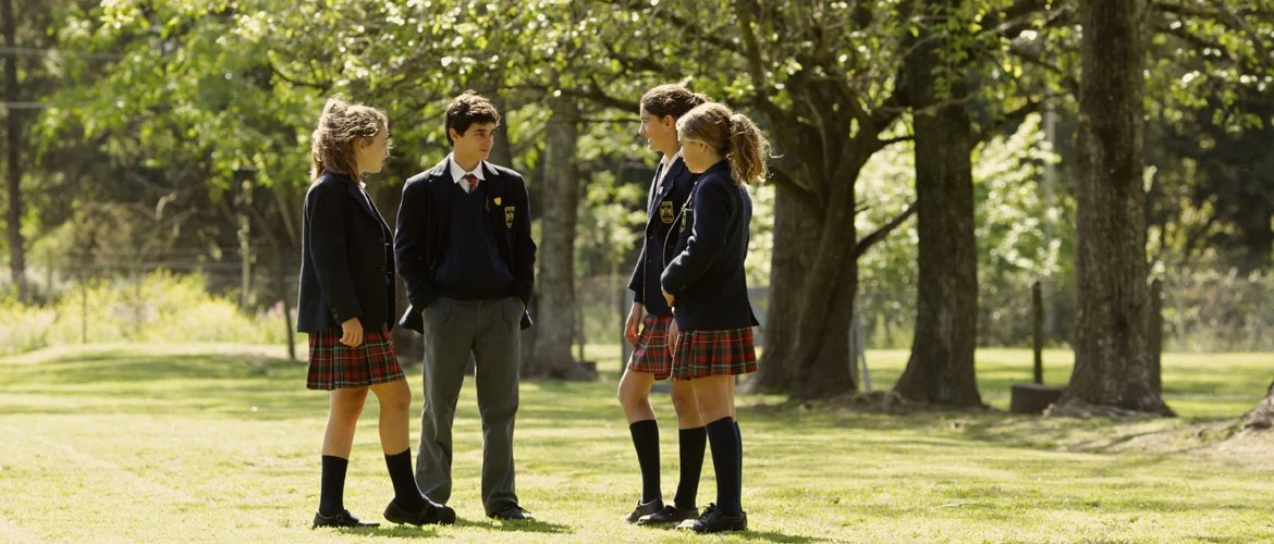Cuatro alumnos de Secundaria conversan bajo los árboles del parque del colegio